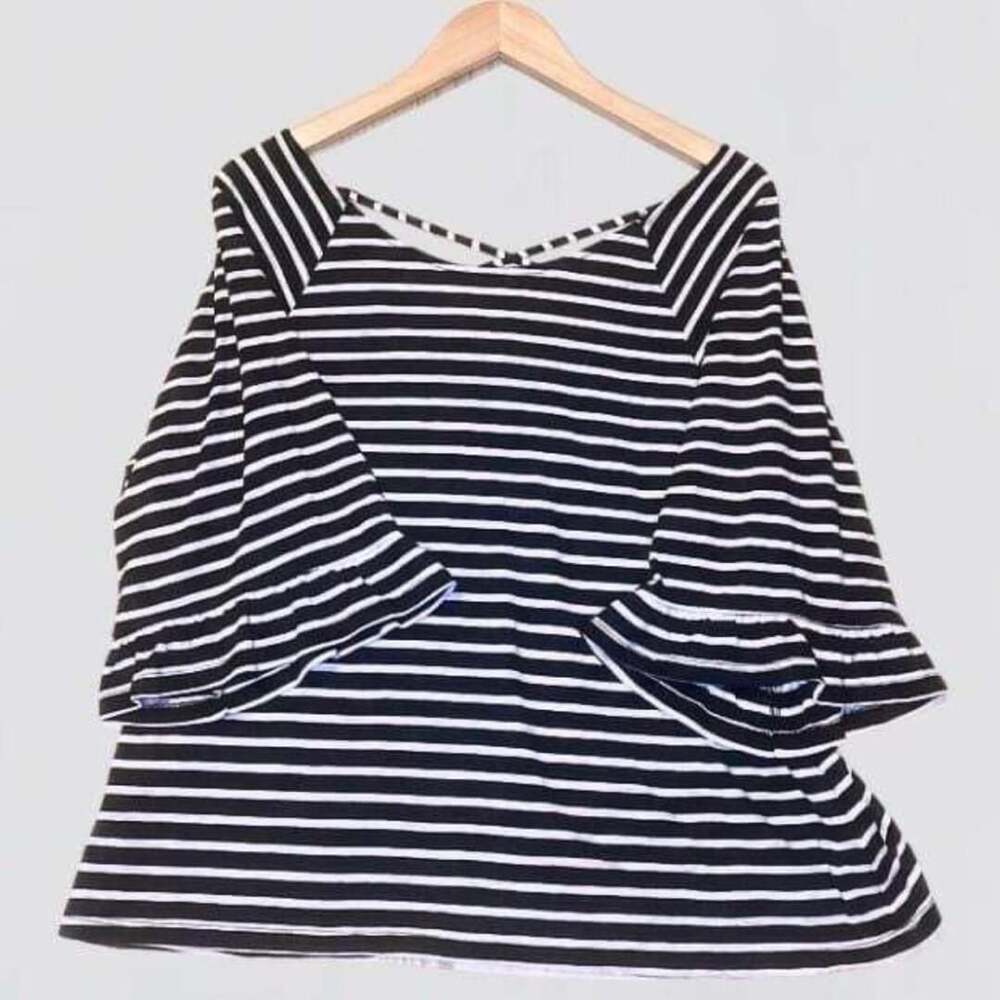 a.n.a Striped Top Size M Black White Crisscross Back Ruffle Sleeves